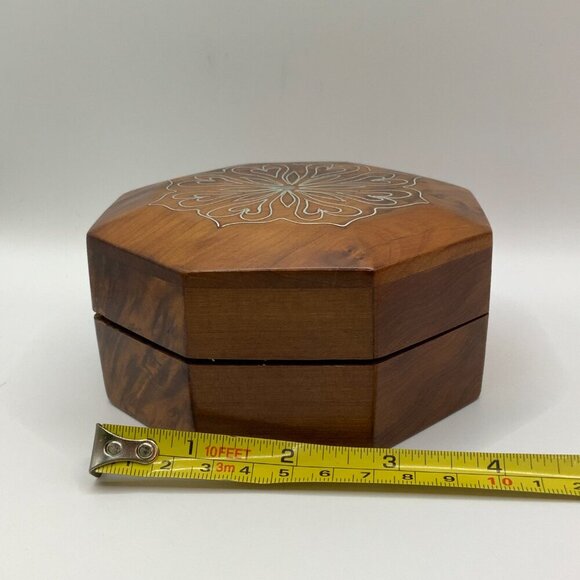 Wooden Octagon Carved Floral Heart Curly Wood Jewelry Trinket Box - Picture 4 of 9